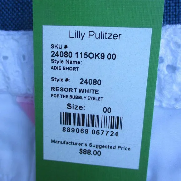 LILLY PULITZER ~ ADIE WHITE EYELET SHORTS ~ 00 ~ LOGO BUTTON / POCKETS - Picture 10 of 10